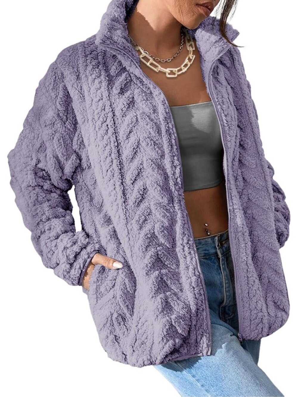 Women's Orchid Petal Zipper Sherpa Fabric Coat Loose Zipper Front Fleece Jacket